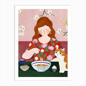 Girl Eating Ramen With A Cat Art Print