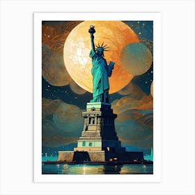 Statue of Liberty ~ Iconic New York Full Moon Stargate Art Wall Decor Futuristic Sci-Fi Trippy Surrealism Modern Digital Mandala Awakening Fractals Spiritual Artwork Psychedelic Colorful Cubic Abstract Universe Art Print