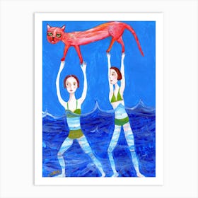 Swimming Girls With Red Cat Art Print