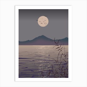 Full Moon Over Lake Affiche