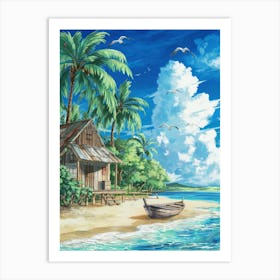 Anime Canvas Art: Tropical Beach with Rustic Hut, Palm Trees, and Ocean Waves, Perfect for Lofi Aesthetic and Relaxing Coastal Decor Fans. Art Print