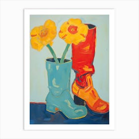 Painting Of Orange Flowers And Cowboy Boots, Oil Style 7 Art Print