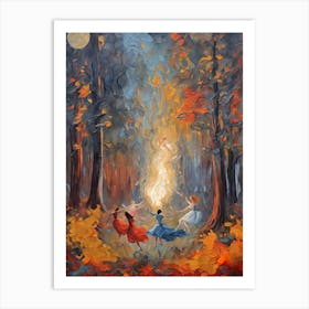 Walpurgis Fire Dance - Circle of Women Witches Dancing in the Forest Under the Full Moon - Pagan Festival Calling Down the Moon Selene or Diana Goddesses - Witchy Colorful Oil Painting Art Print