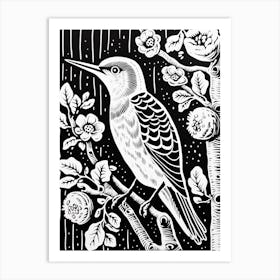 B&W Bird Linocut Woodpecker 4 Art Print