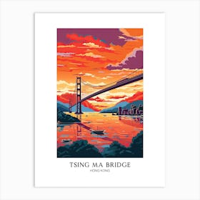Tsing Ma Bridge, Hong Kong, Colourful Travel Poster Art Print