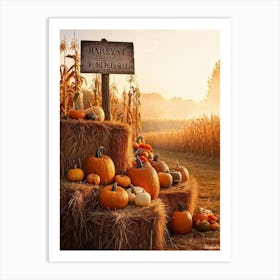 Autumn Harvest Celebration Pumpkins And Gourds Of Various Sizes Nestled In A Straw Bale Mound Flan Art Print