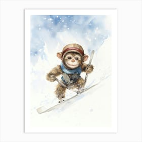 Monkey Painting Skiing Watercolour 2 Art Print