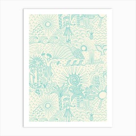 Hawaiian Toile Polynesian Hula Dance Tropical Landscape Aqua Blue Cream White Art Print