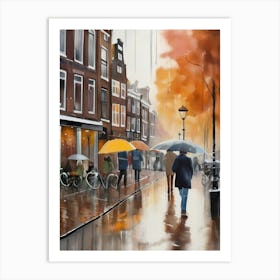 Amsterdam cafes, autumn season, rain, autumn oil colours.Faded colours,People passing on the street, winter clothes, rain umbrellas.1 4 Art Print