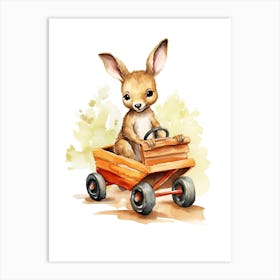 Baby Kangaroo On Toy Car, Watercolour Nursery 3 Art Print