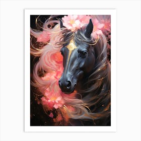 Black Horse With Flowers 1 Art Print