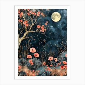 Moonlight Poppy Field Inspired by William Morris Art Print