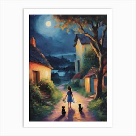 We'll Watch You Walk Home ~ The Little Girl With Her Cat Friends Art Print