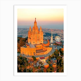 Aerial View Of Sagrat Cor Church On Top Of Tibidabo Mountain At Sunset, Barcelona, Catalonia, Spain Art Print