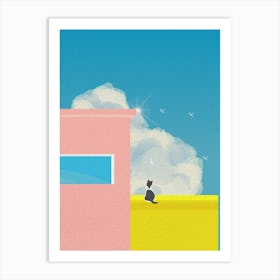 Minimal art Pink and yellow building with Cat On A Roof Art Print