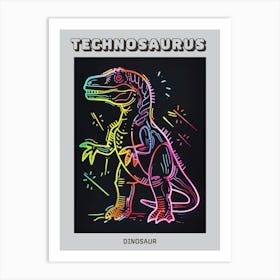 Neon Rainbow Dinosaur Line Illustration With Black Background 3 Poster Art Print