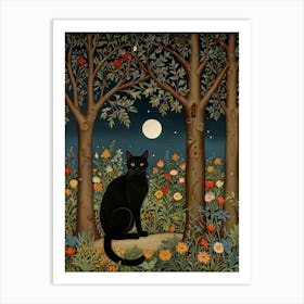 Cat In The Moonlight Style William Morris 3 Art Print