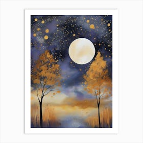 Cosmic Fall Night،
An ethereal boho painting that captures the beauty of a fall night sky. The background is a deep navy, speckled with tiny stars, while the foreground features silhouettes of autumn trees in shades of charcoal and dark olive. The moon is painted in a glowing silver, surrounded by soft wisps of mist in pale gold and lavender.
.16 Art Print