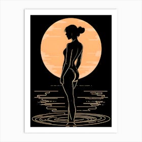 a woman silhouette in sunset tones against a black background. 2 Art Print