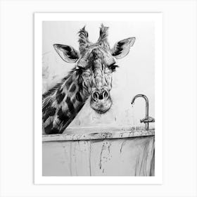 Giraffe In The Bath Pencil Drawing 1 Art Print