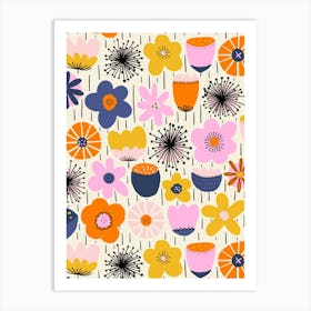 Blooming Scandinavian Retro Flowers Soft Multicolor Art Print