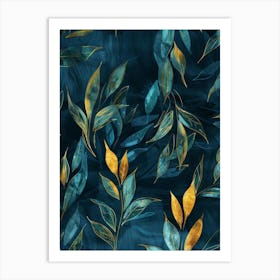 Gold Leaves On A Blue Background 1 Art Print