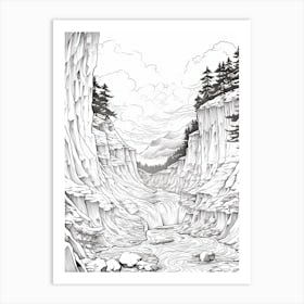 Sounkyo Gorge In Hokkaido, Ukiyo E Black And White Line Art Drawing 2 Art Print