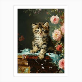 Striped Kitten With Flowers Art Print