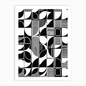 Retro Inspired Linocut Abstract Shapes Black And White Colors art, 202 Art Print