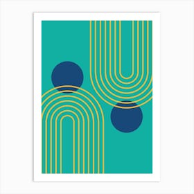 Mid Century Modern Geometric cI in Cottage Teal Navy Blue Mustard Yellow (Rainbow and Sun Abstraction) 2 Art Print