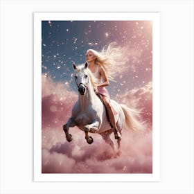 Beautiful Girl Riding A Horse In The Clouds Art Print