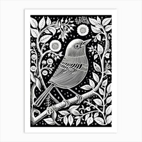 B&W Bird Linocut European Robin 2 Art Print