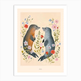 Folksy Floral Animal Drawing Seal 2 Poster Art Print