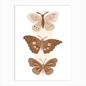 Three Butterflies Beige Boho Botanical Art Print