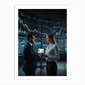 Businessman And Woman Standing In Front Of A Monitor Art Print