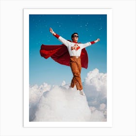 1980s Style Superhero Clad In Vintage Pilot Attire Soaring Above Cloud Banks Cotton White Cumulo Art Print