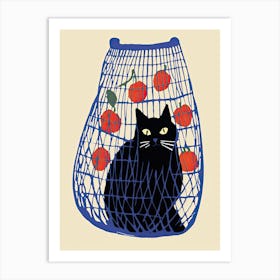 A Black Cat In A Blue Bag With Oranges Art Print