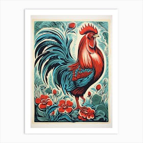 Vintage Bird Linocut Rooster 1 Art Print