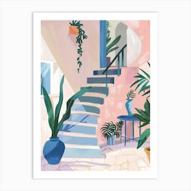 House With Stairs And Potted Plants Art Print