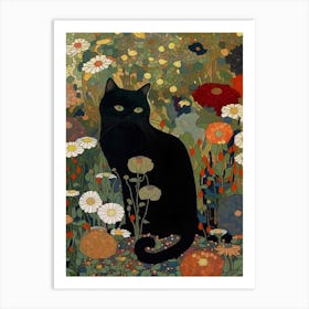 Klimt Style, Black Cat In A Garden Art Print