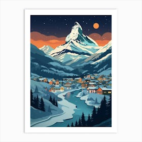 Winter Travel Night Illustration Zermatt Switzerland 3 Art Print