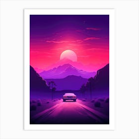 Synthwave Retro Neon Car Landscape Sunset Art Print