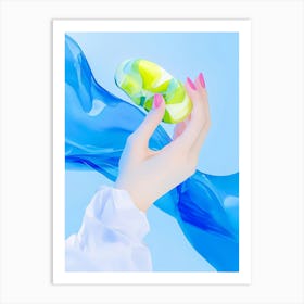 Hand Holding A Blue And Green Bottle Art Print