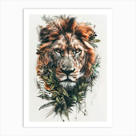 Double Exposure Realistic Lion With Jungle 8 Art Print