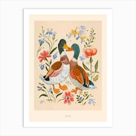 Folksy Floral Animal Drawing Duck 4 Poster Art Print