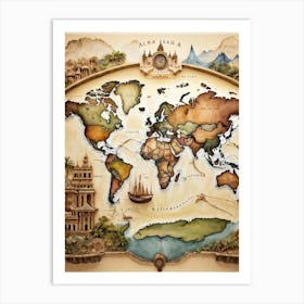 A World Map Visualizing An International Journey Pinpointing Iconic Historical Landmarks Across Var (2) Art Print