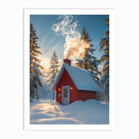 Red Cabin In The Snow Art Print