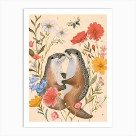 Folksy Floral Animal Drawing Otter Art Print