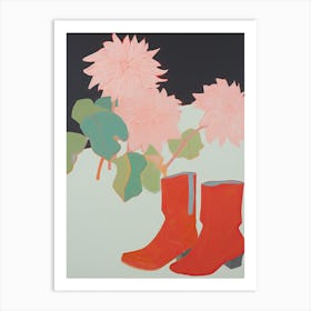 Painting Of Red Cowboy Boots With Pink Flowers, Pop Art Style Art Print