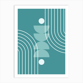 Modern Mid Century Sun, Moon Phases and Rainbow Abstract 36 in Teal Blue Green Art Print